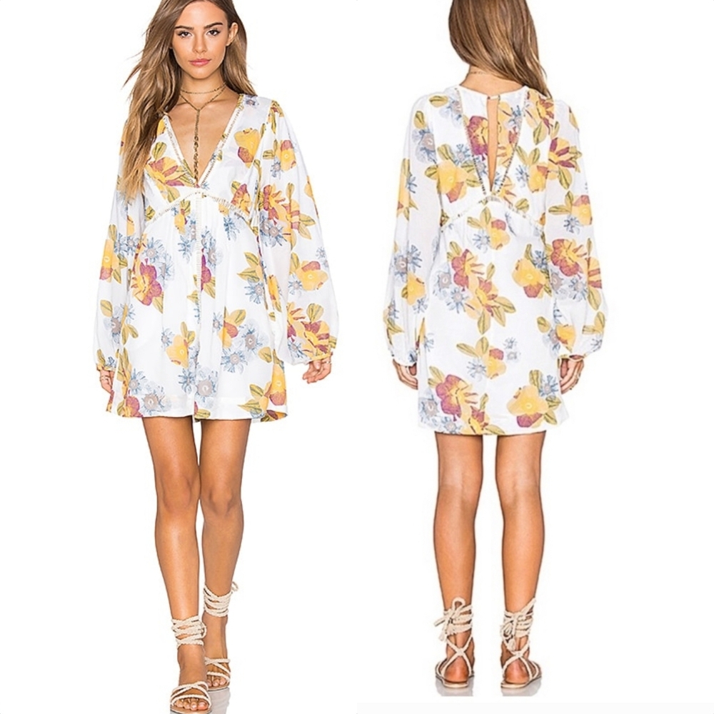 Free People Strawberry Fields Long Sleeve Eyelet Floral Dress in Ivory Combo